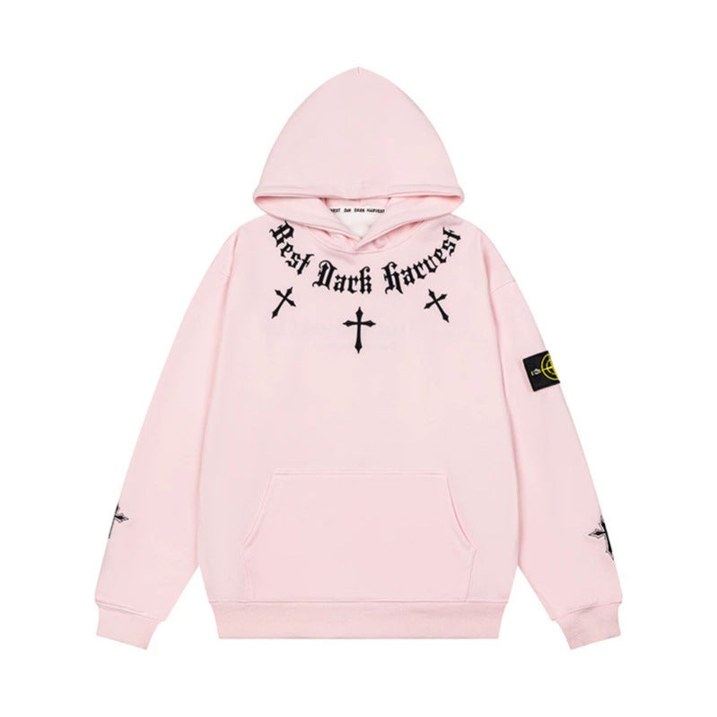 Unisex Oversize Hoodie with Gothic Cross Print, Kangaroo Pocket and Ribbed Cuffs Mune Fashion