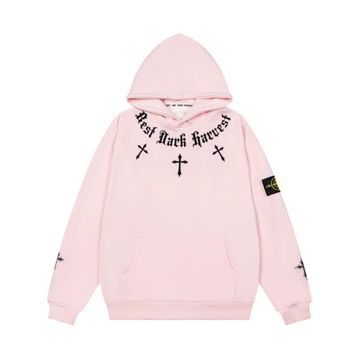 Unisex Oversize Hoodie with Gothic Cross Print, Kangaroo Pocket and Ribbed Cuffs Mune Fashion