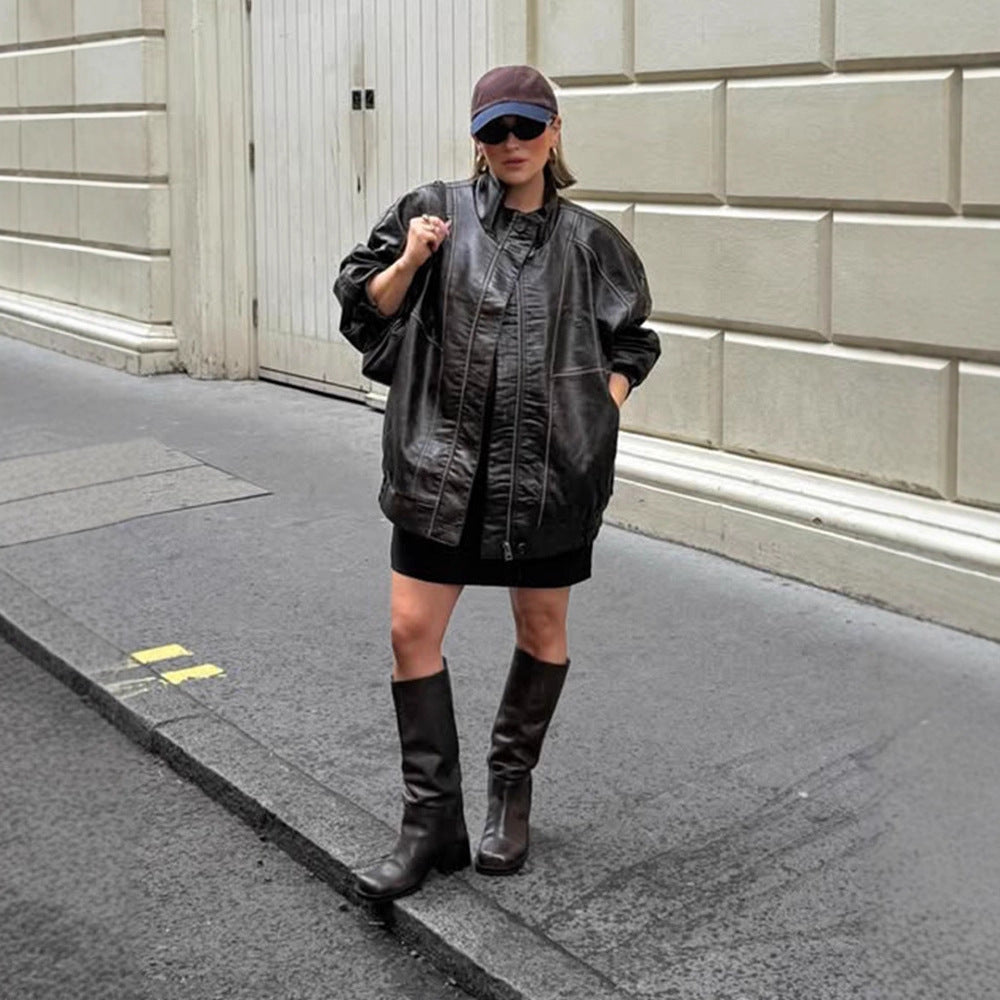 Women Oversize Faux Leather Coat with Distinct Decorative Seams and Stand-Up Collar Mune Fashion