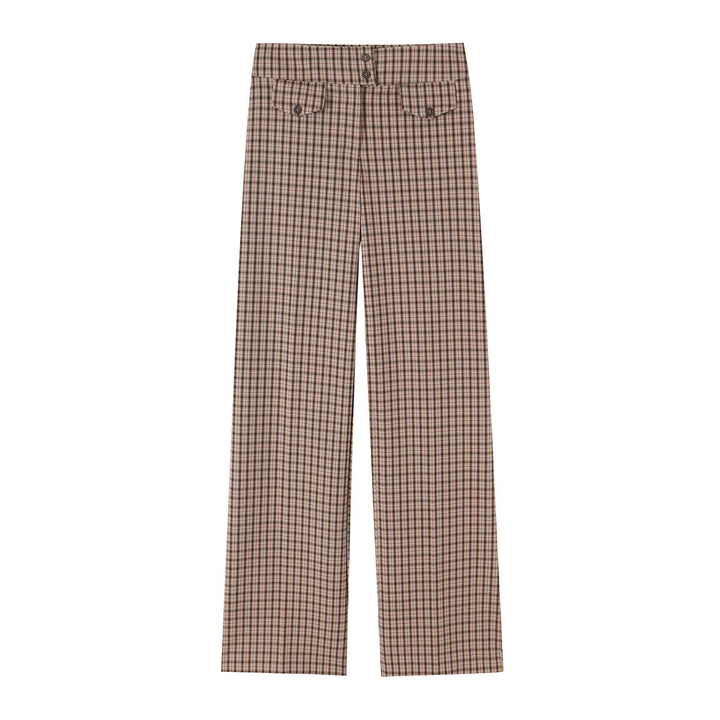 Women High-waisted wide fabric pants with check pattern and decorative flaps Mune Fashion