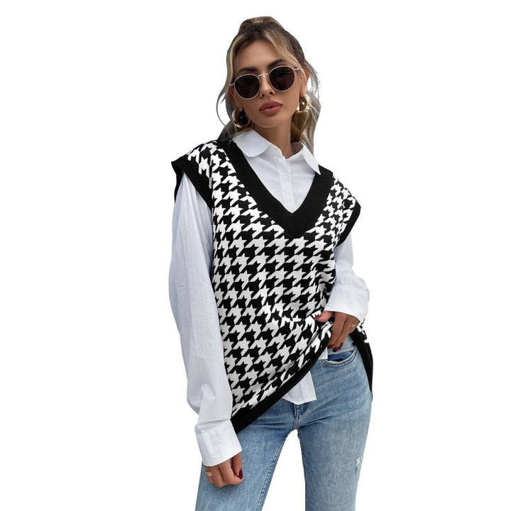 Women's Oversized Knitted Vest with Houndstooth Pattern and V-Neck Mune Fashion