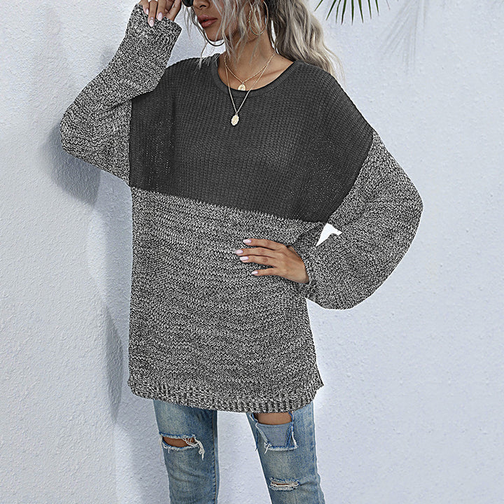 Ladies oversized knitted sweater in melange block design with round neckline & extended hem Mune Fashion