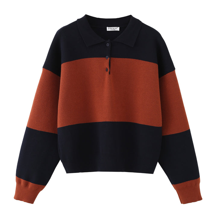 Women Oversized Polo Collar Sweater with Block Stripes Mune Fashion