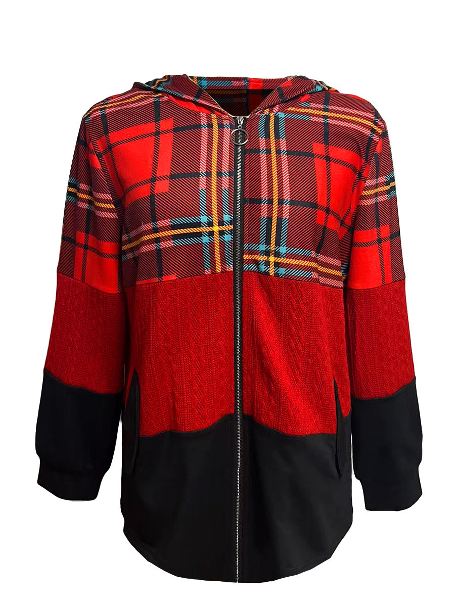 Women's long patchwork-style hooded jacket with check and knit inserts, front zipper and side pockets Mune Fashion
