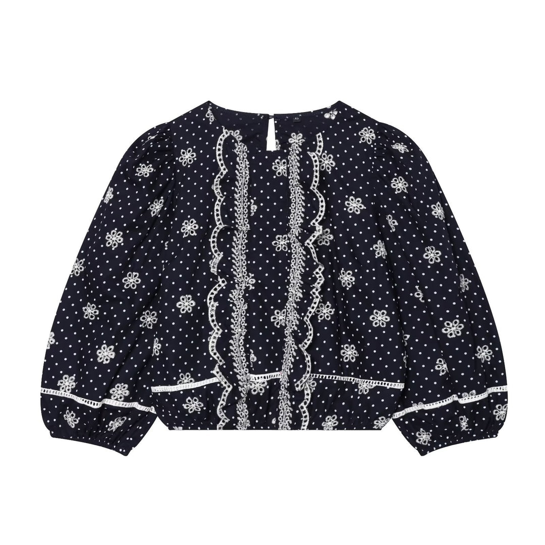 Women Embroidered Polka Dot Blouse with Ruffles and Balloon Sleeves Mune Fashion