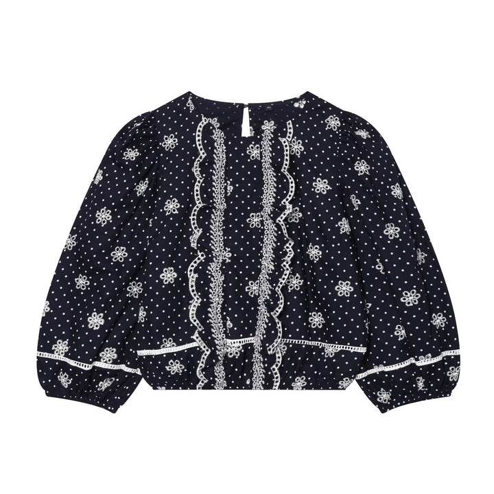 Women Embroidered Polka Dot Blouse with Ruffles and Balloon Sleeves Mune Fashion