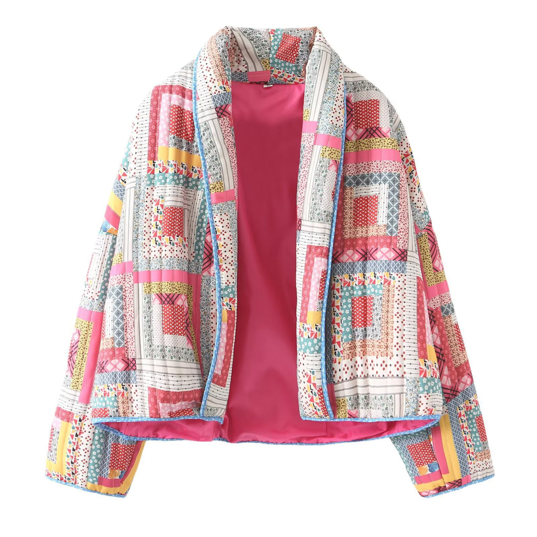 Ladies Nan quilted patchwork kimono jacket with shiny satin lining and wide shawl collar Mune Fashion