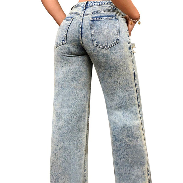 Ladies High-Waist Relaxed Jeans with Stone Wash Effect and Side Ripped Insert Mune Fashion
