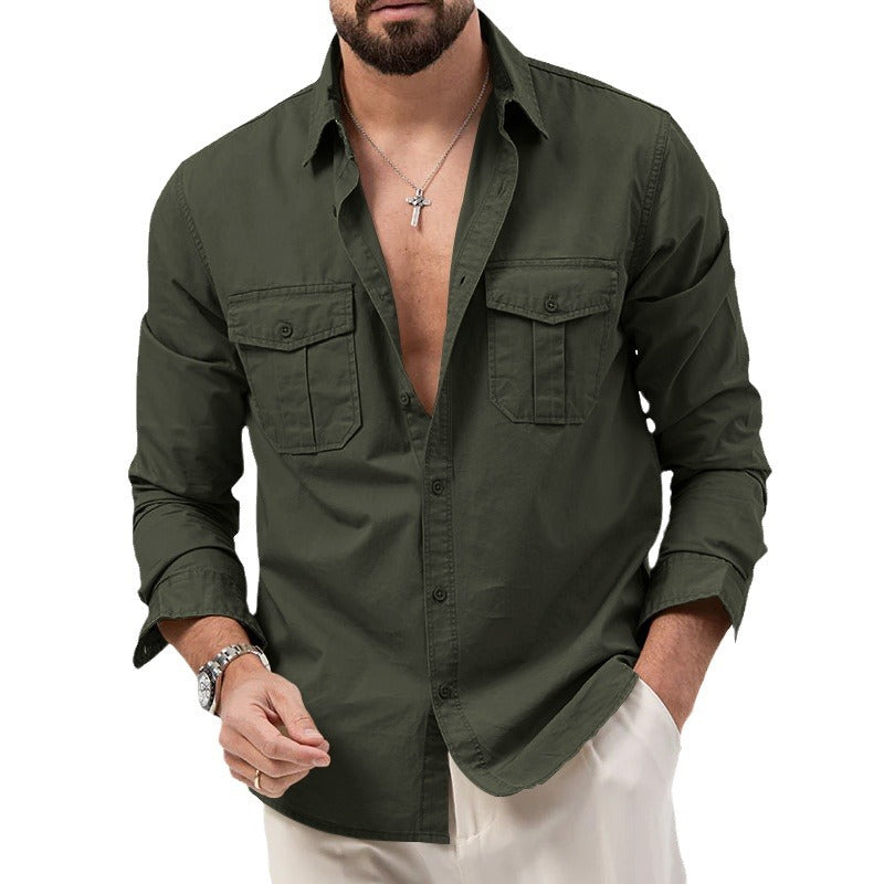 Men's casual long-sleeve shirt with Kent collar, two chest flap pockets, and light cotton stretch Mune Fashion
