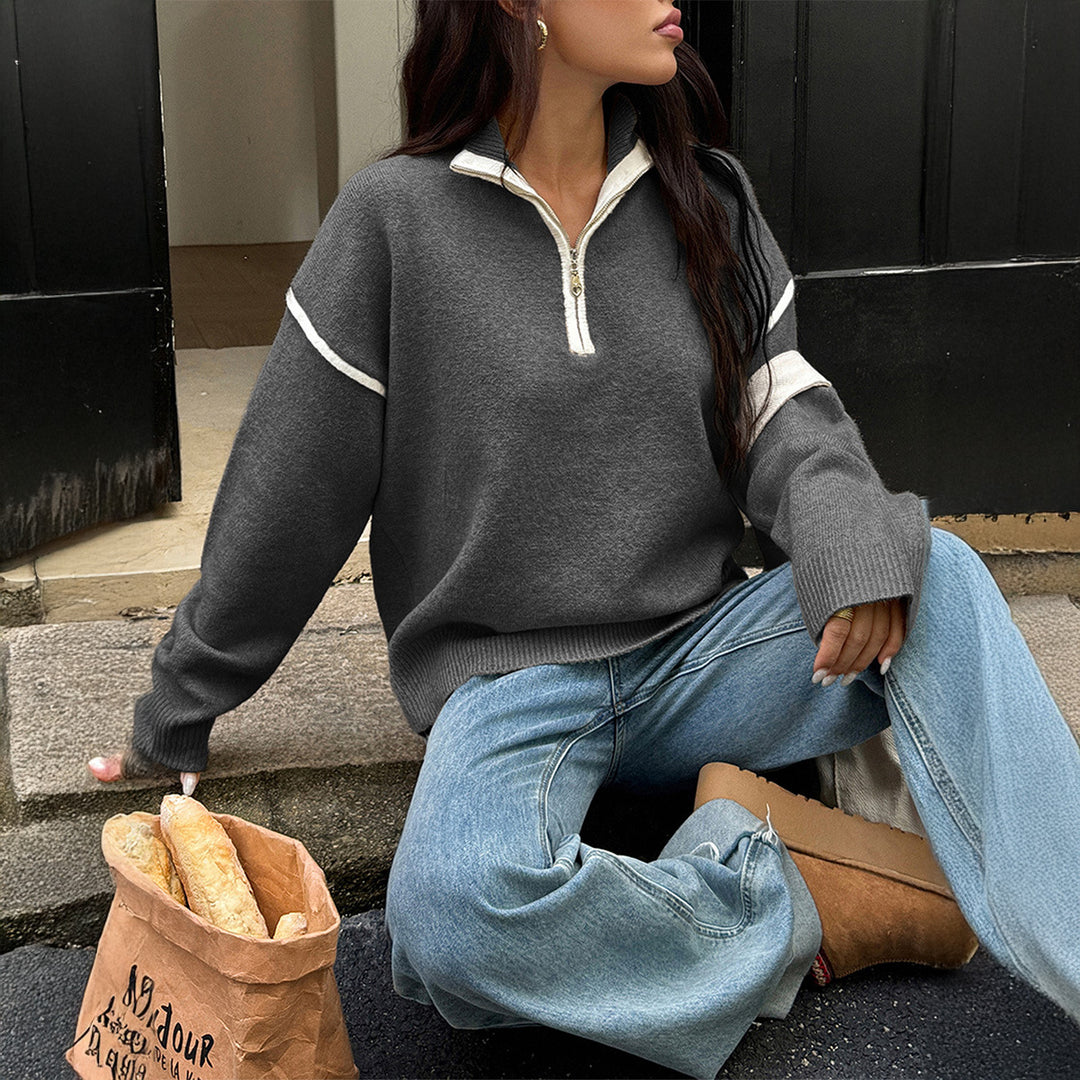 Women's oversized knitted pullover with half zip, contrast piping and drop shoulder Mune Fashion