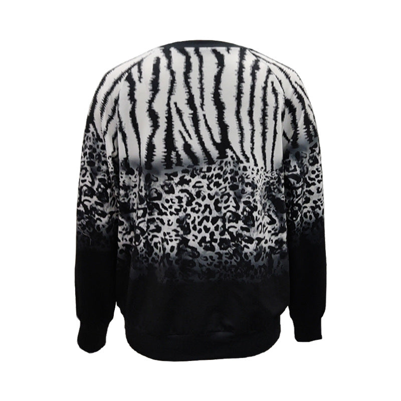 Women Animal Print Oversize Knit Sweater with Round Neckline and Gradient Mune Fashion