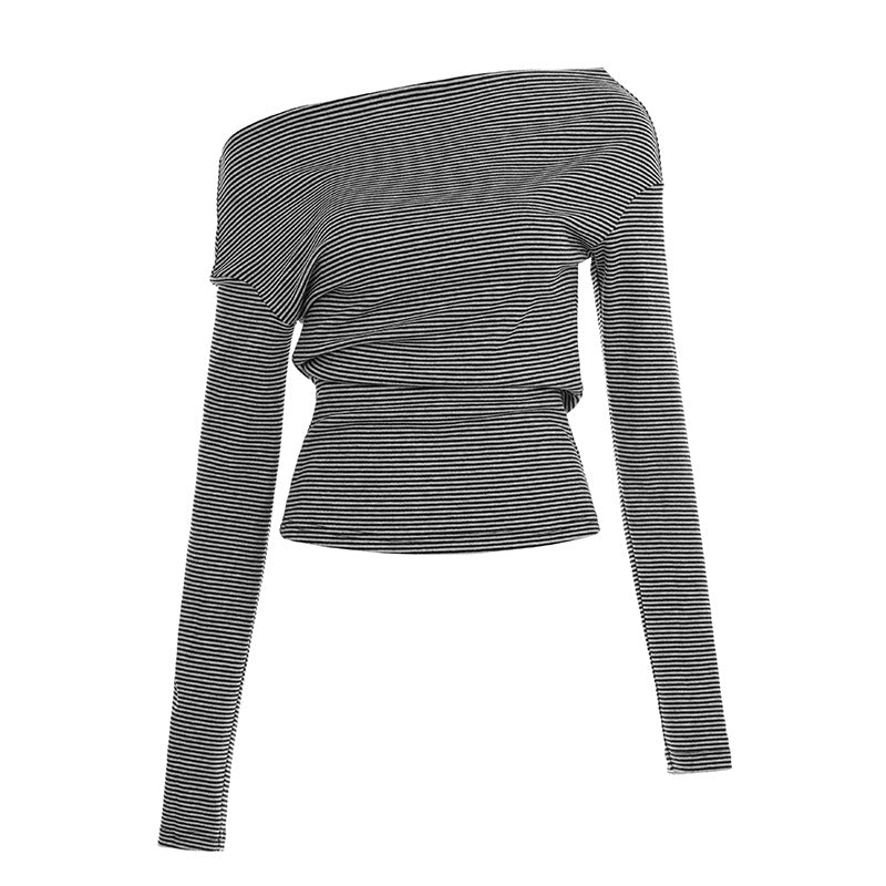 Women's asymmetrical off-shoulder long sleeve shirt with tailored gathering and slim stretch fit Mune Fashion
