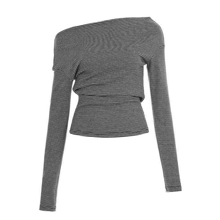 Women's asymmetrical off-shoulder long sleeve shirt with tailored gathering and slim stretch fit Mune Fashion