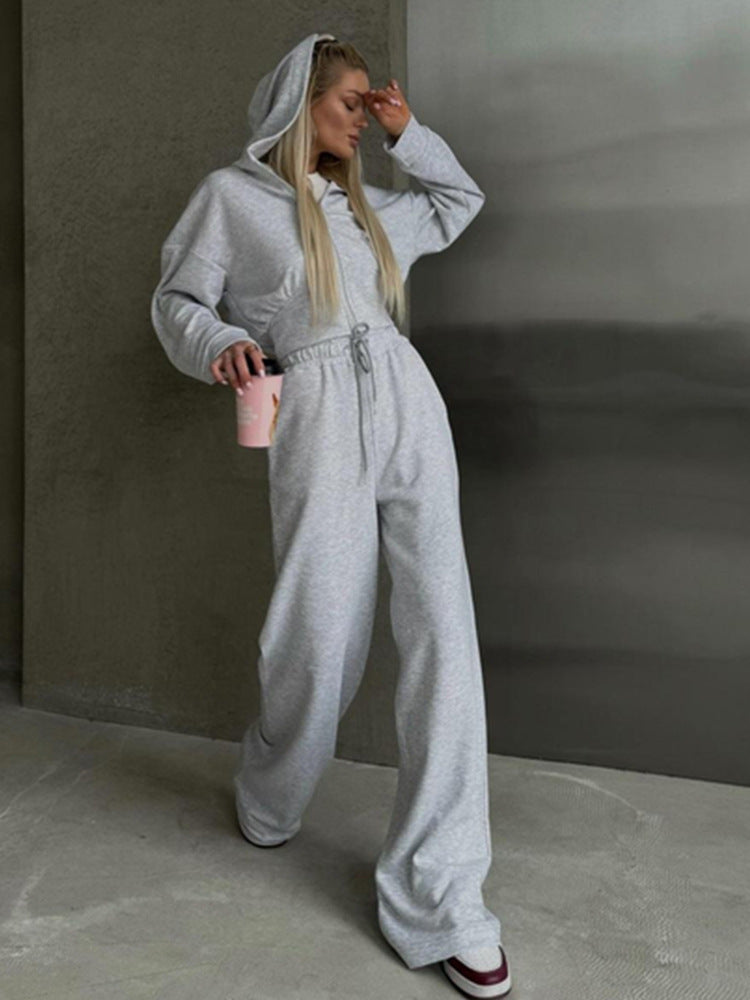 Women's two-piece cropped hoodie set with wide waistband pants cut and fitted zip Mune Fashion
