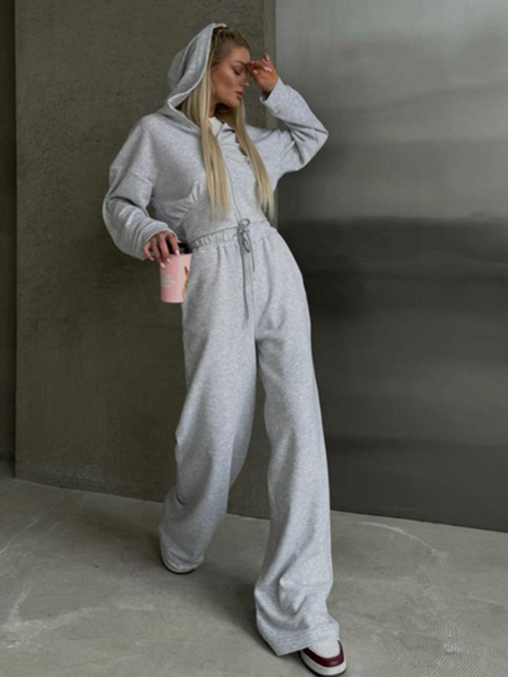 Women's two-piece cropped hoodie set with wide waistband pants cut and fitted zip Mune Fashion
