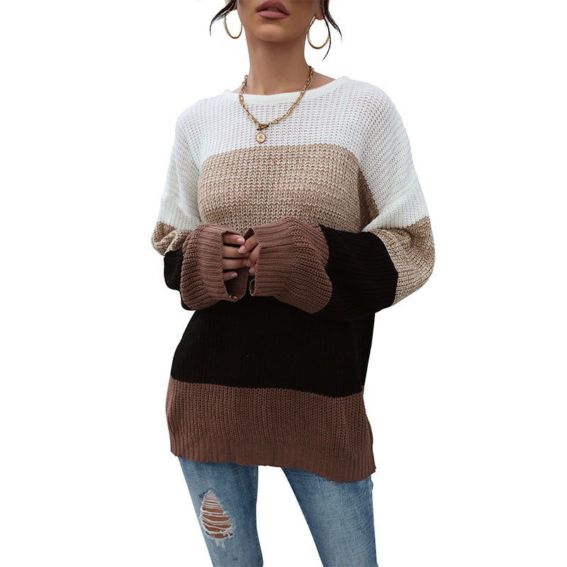 Women's Casual Color Block Knit Sweater with Open Stitch Structure and Round Neckline Mune Fashion