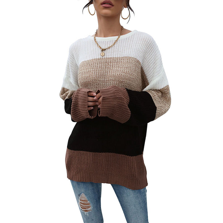Women's Casual Color Block Knit Sweater with Open Stitch Structure and Round Neckline Mune Fashion