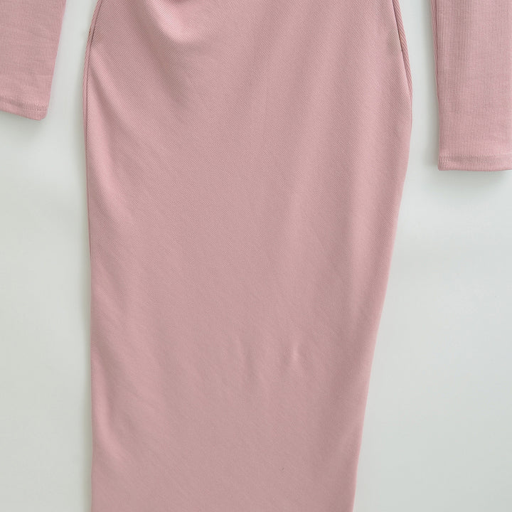 Women's Fitted Midi Dress with Side Ruching and Double Neckline Mune Fashion