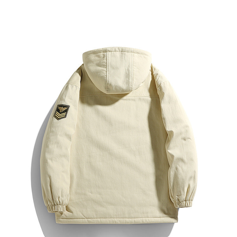Men's Hooded Canvas Parka with Teddy Fleece Lining and Military Patch Mune Fashion