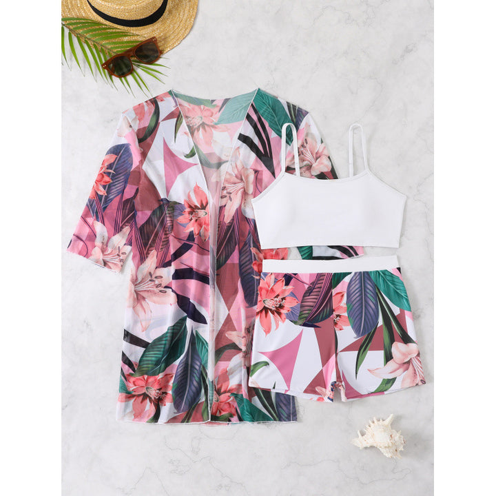 Women's Swimwear Set with Floral Pattern Print and Airy Wrap Jacket Mune Fashion
