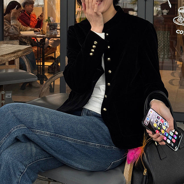 Women's Elegant Velvet Jacket with Button Placket Drune