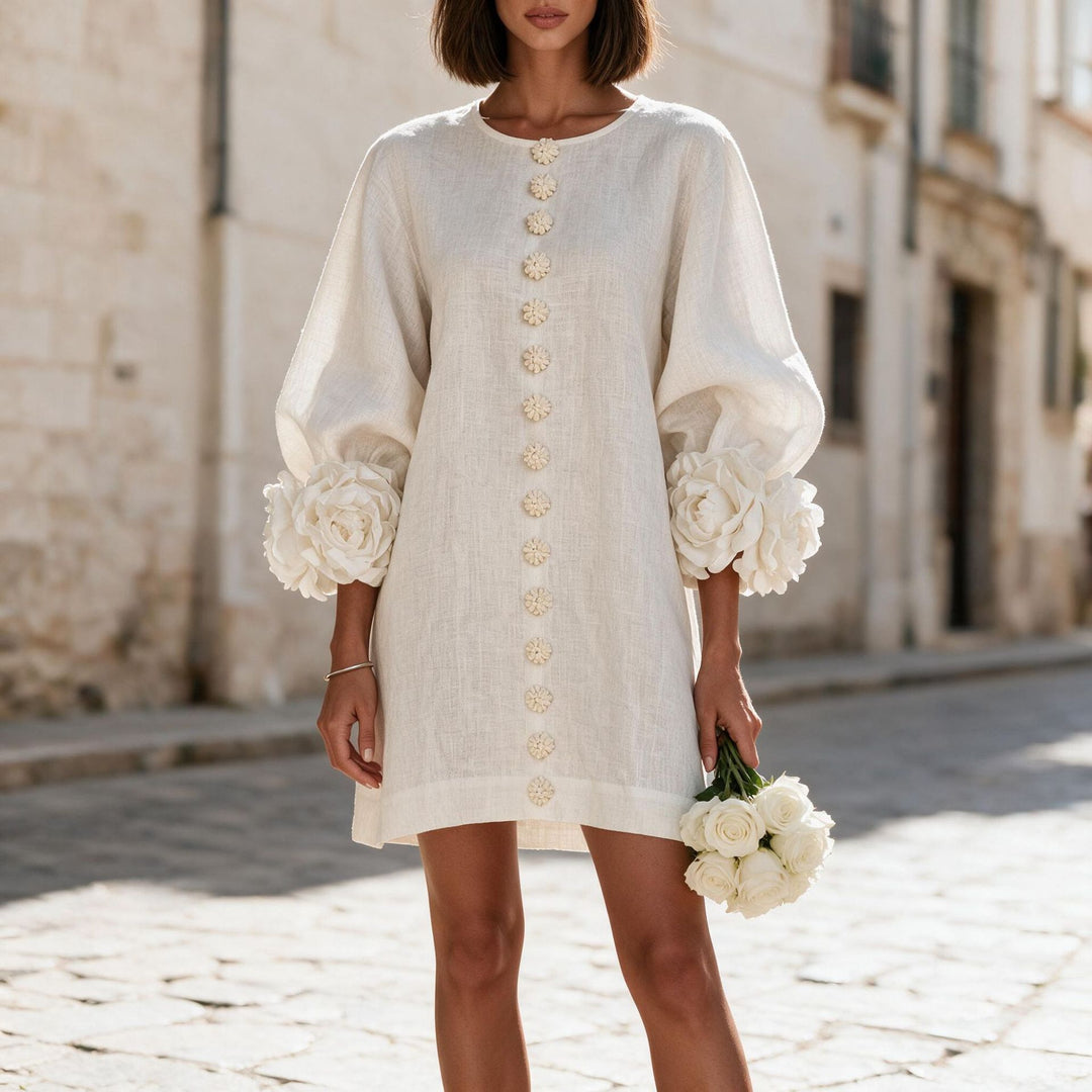 Ladies short dress made of linen with voluminous balloon sleeves and 3D flower cuffs Mune Fashion