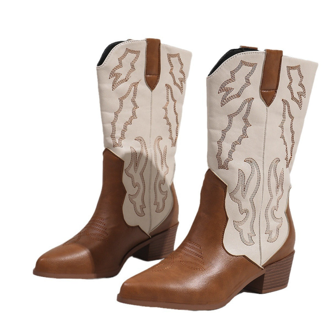 Women's cowgirl boots in western style with mid-high block heel, pointed toe cap, and decorative embroidery Mune Fashion