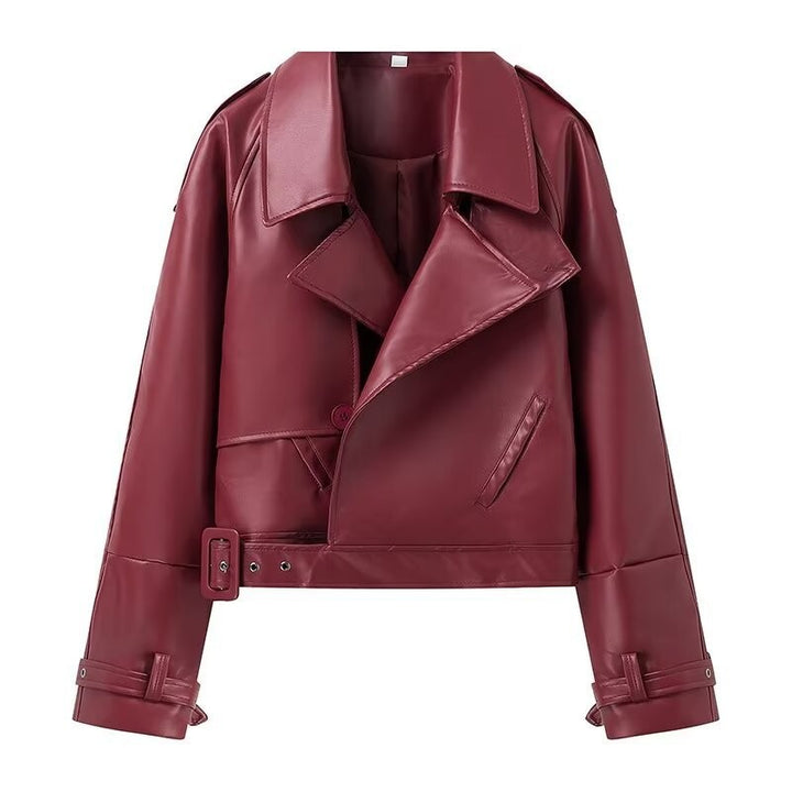Women's longer tailored faux leather coat with shawl collar and tie belt Mune Fashion