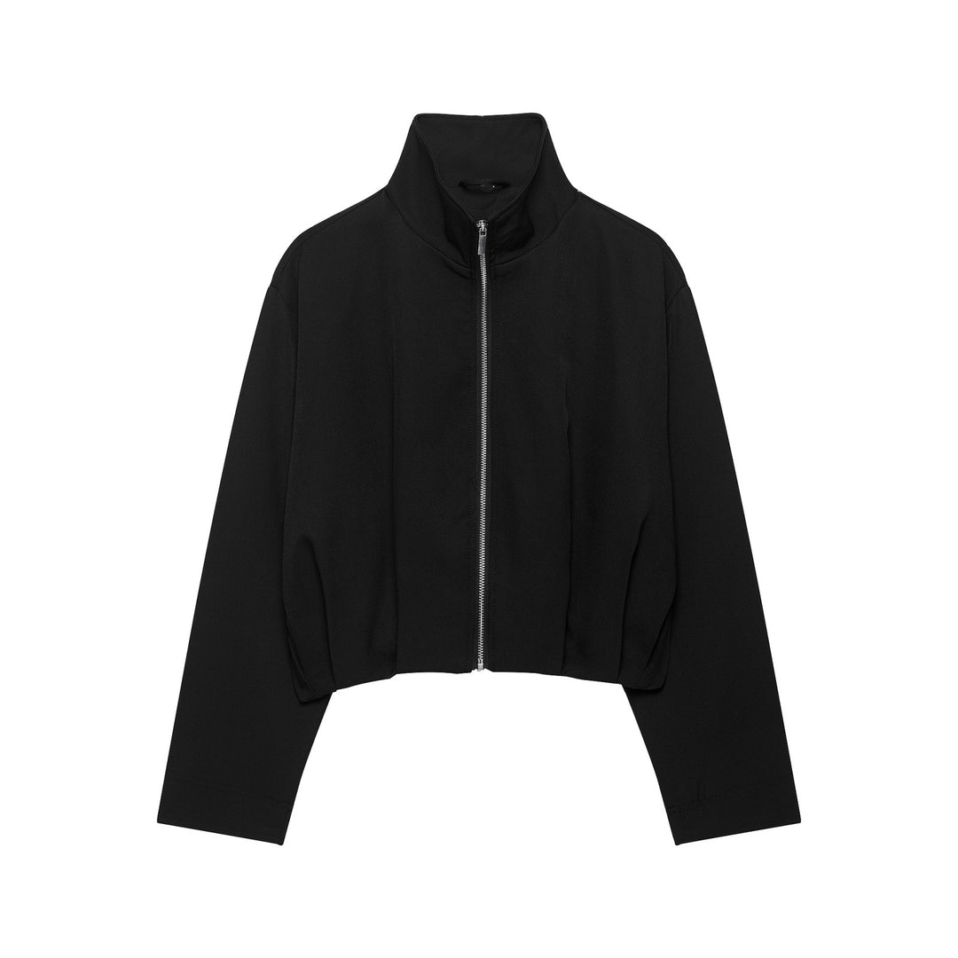Women's Cropped Boxy Jacket with High Stand Collar and Continuous Zipper Mune Fashion