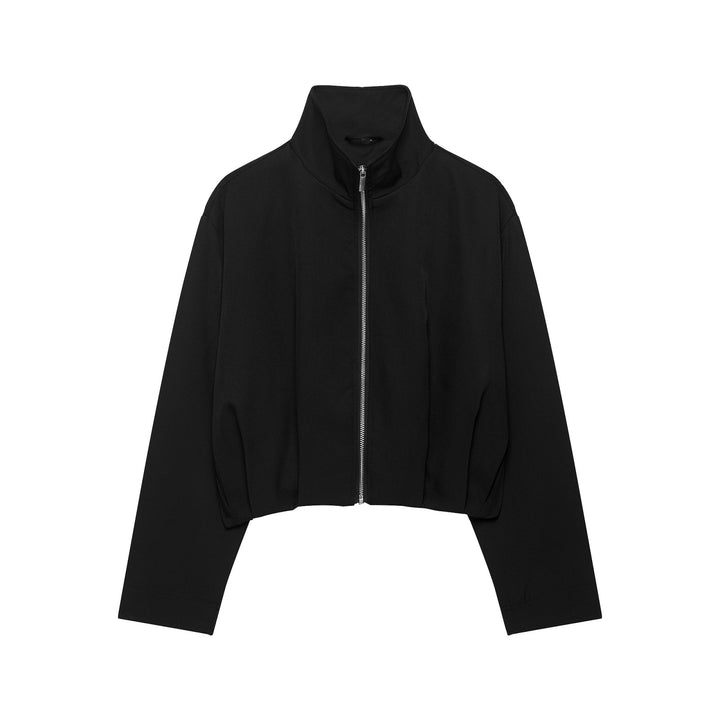 Women's Cropped Boxy Jacket with High Stand Collar and Continuous Zipper Mune Fashion