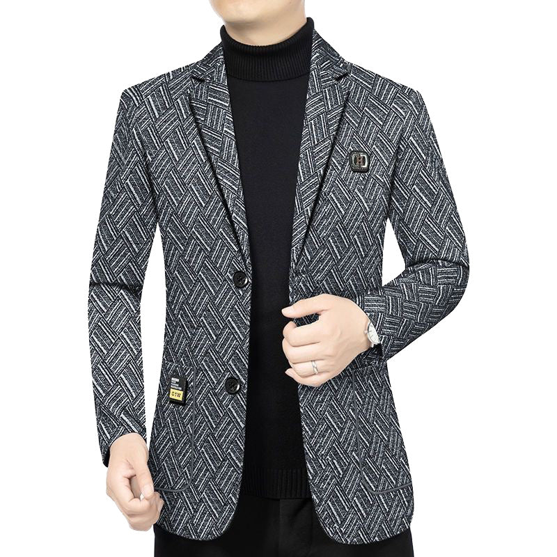 Men's Tailored Wool Look Blazer with Soft Faux Fur Lining and Herringbone Pattern Mune Fashion