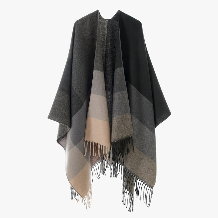 Women's Wool Blend Poncho with Check Pattern and Fringing Mune Fashion