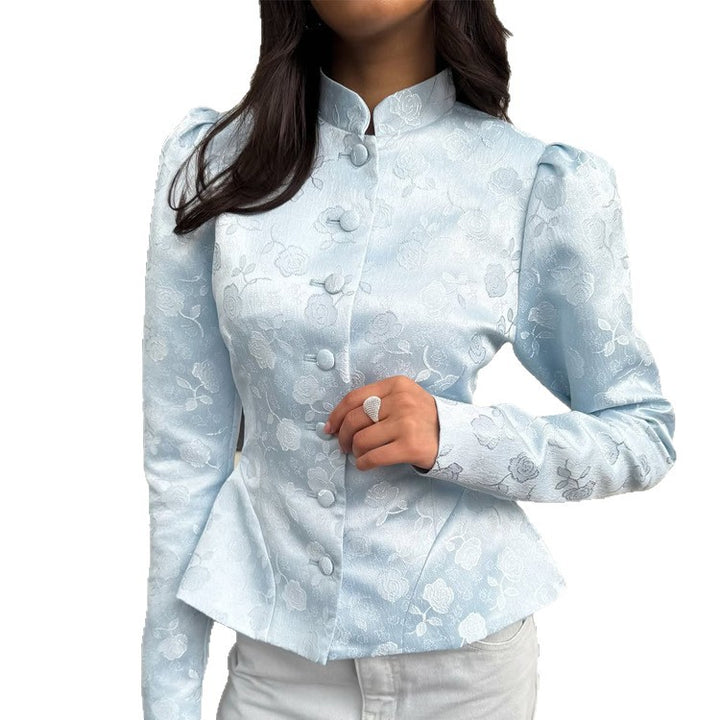 Women's Tailored Jacquard Blazer with Stand Collar, Puff Sleeves and Peplum Mune Fashion