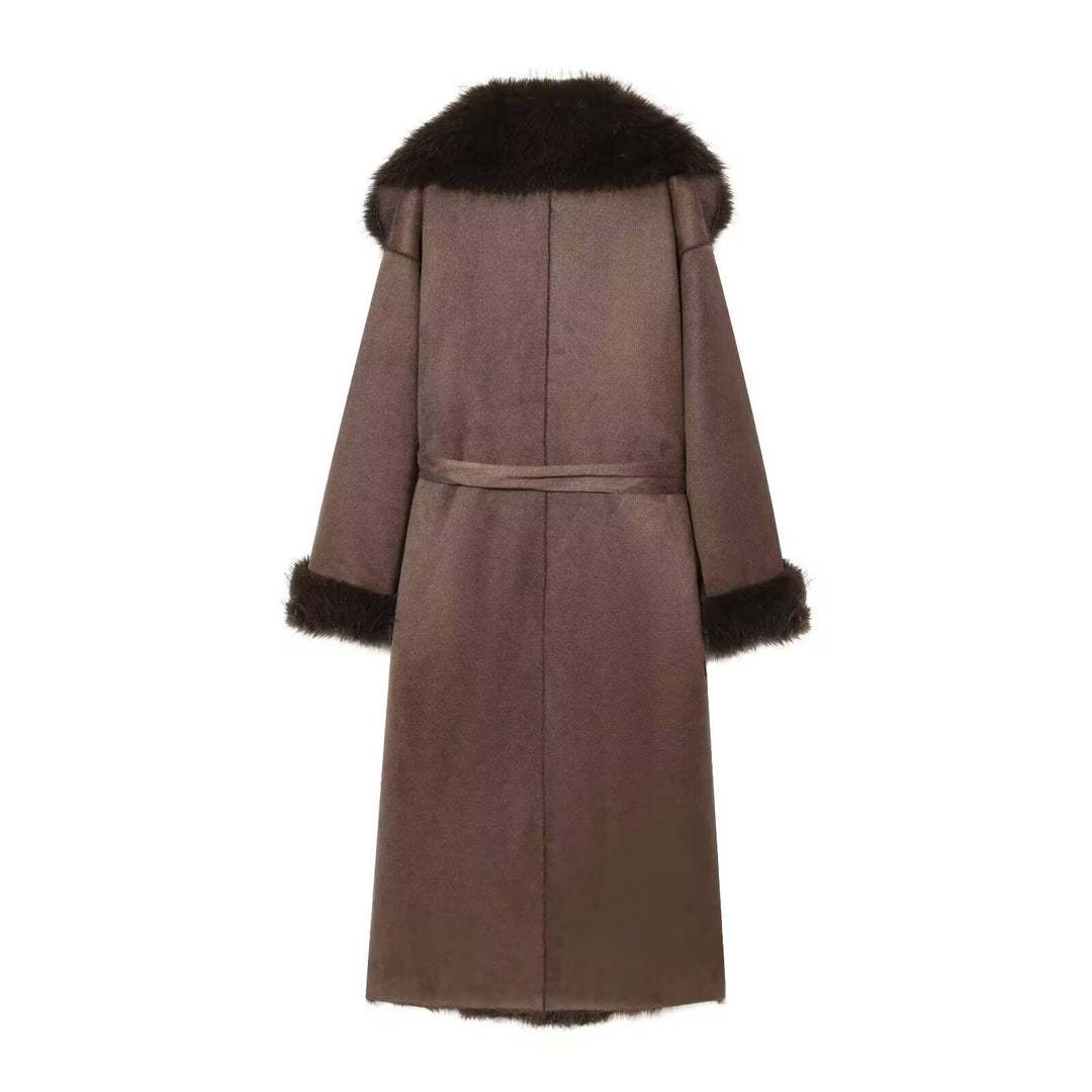 Women's Long Sheepskin Look Coat with Hood, Tie Belt and Faux Fur Trim Mune Fashion