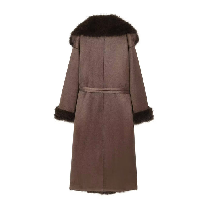 Women's Long Sheepskin Look Coat with Hood, Tie Belt and Faux Fur Trim Mune Fashion