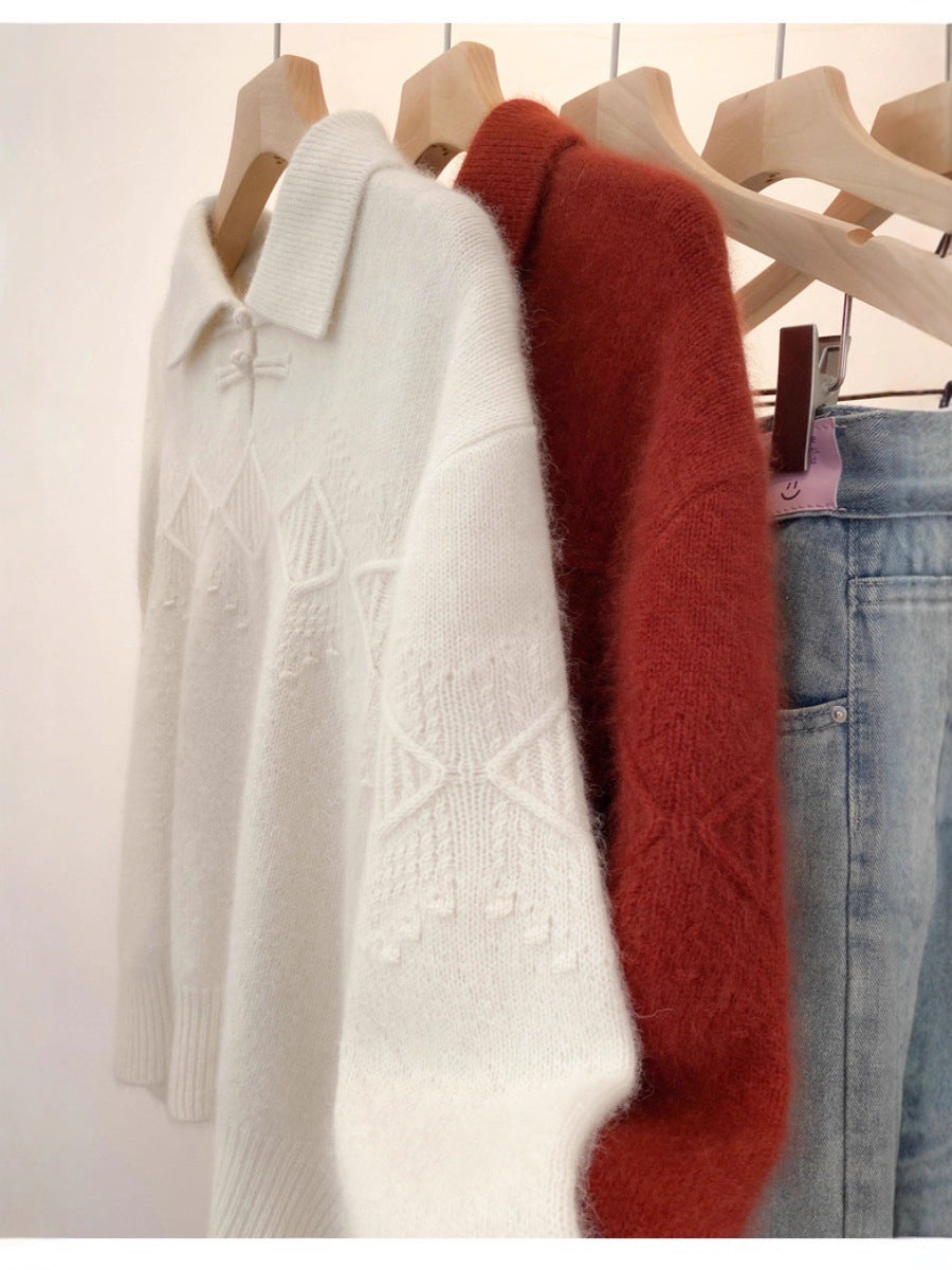 Women’s polo collar pullover in mohair look with ajour cable pattern, dropped shoulder and wide silhouette Mune Fashion