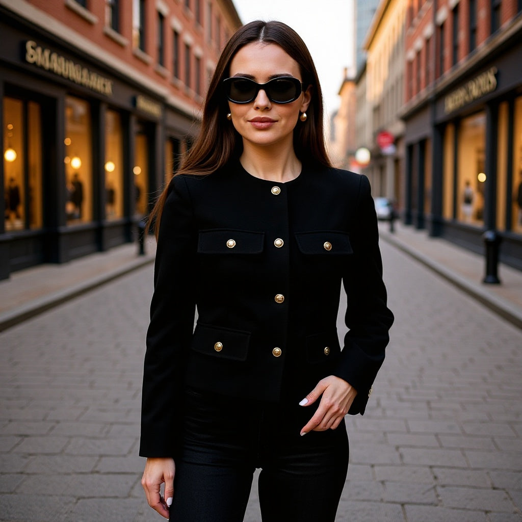 Women Short Boucle Blazer Jacket with Round Neck, Decorative Pocket Flaps, and Gold-Colored Buttons Mune Fashion