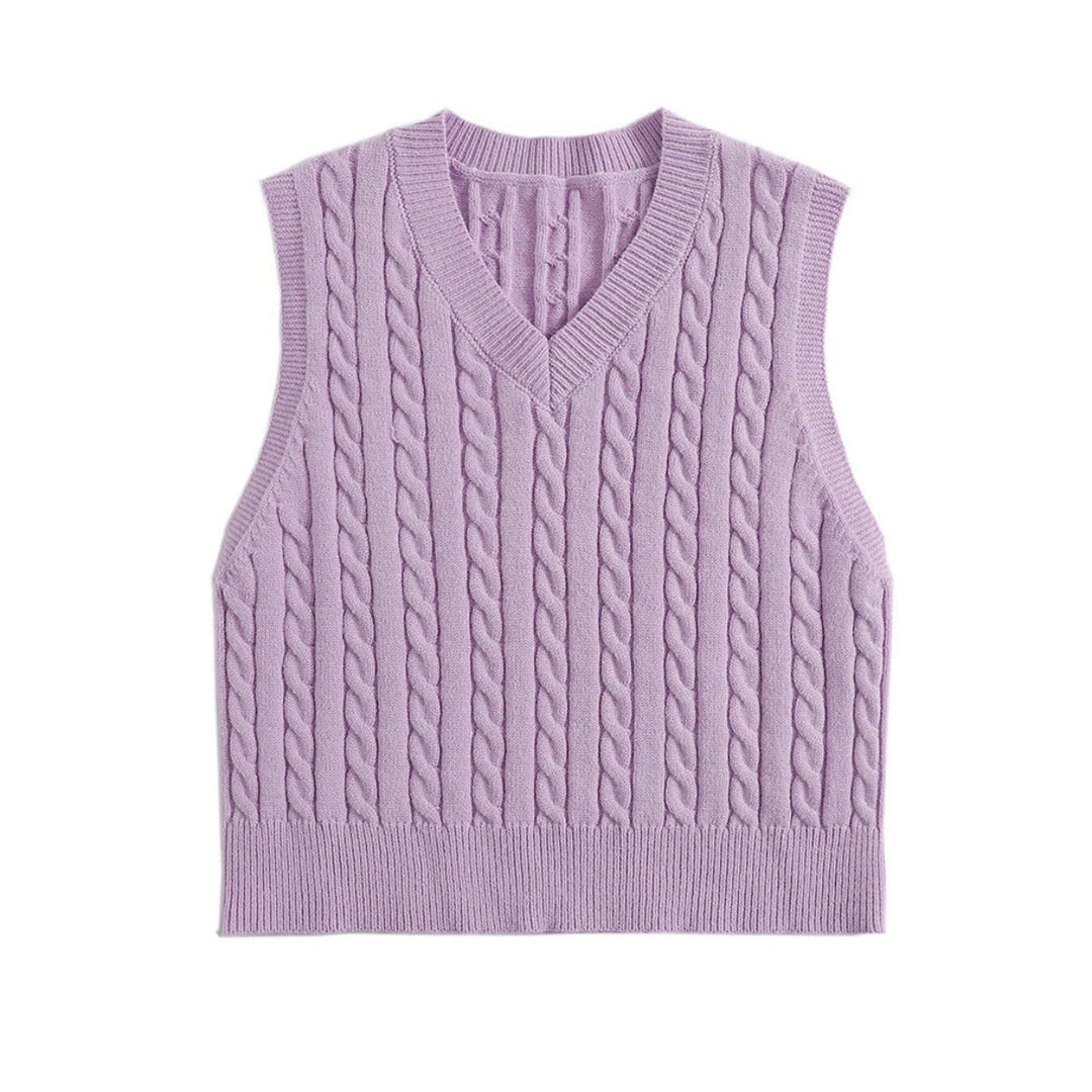 Ladies' Knit Vest with V-Neck and Cable Pattern Mune