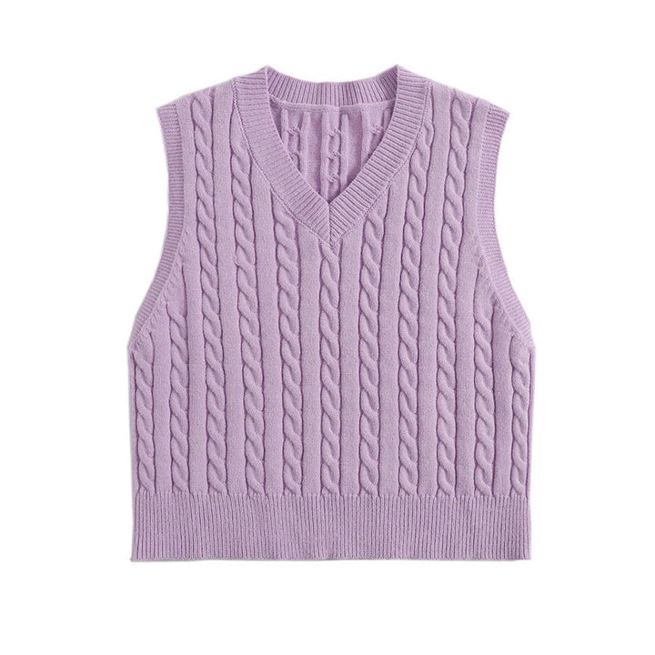Ladies' Knit Vest with V-Neck and Cable Pattern Mune
