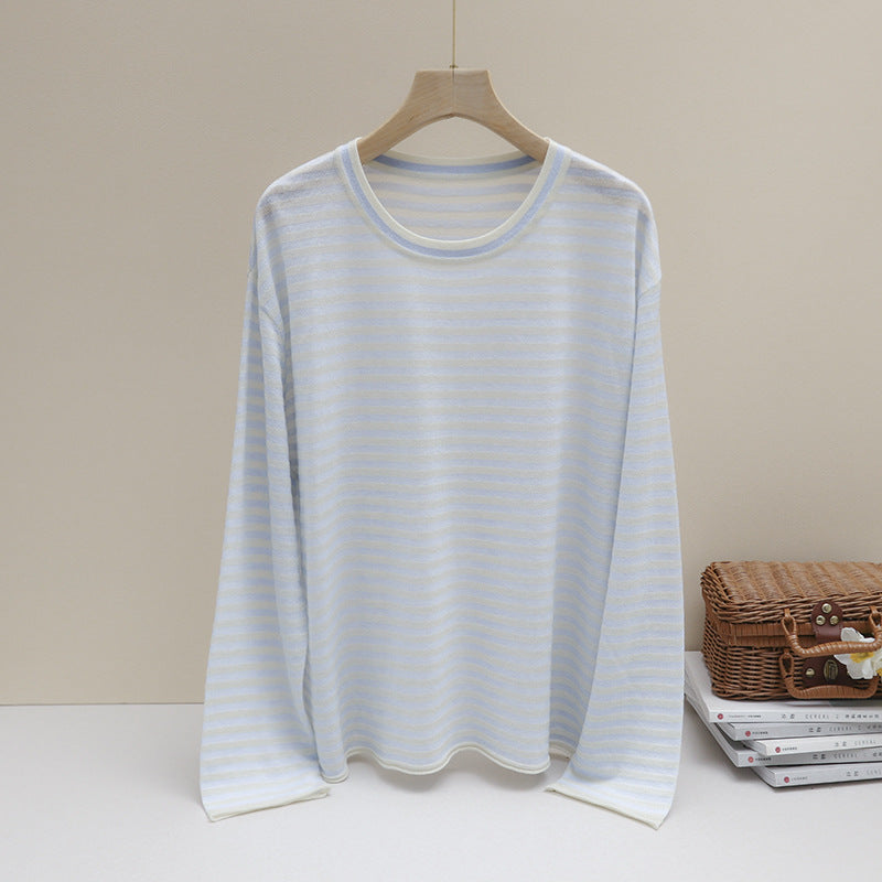 Womens fine striped long sleeve shirt with round neckline made of lightweight jersey Mune Fashion