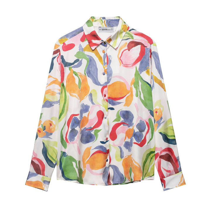 Women Silk-imitate Blouse with Watercolor Print and Shirt Collar Mune Fashion