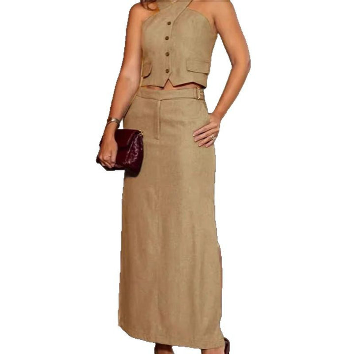 Women's elegant linen blend two-piece set with fitted halter top, button detail, and high-cut maxi skirt Mune Fashion