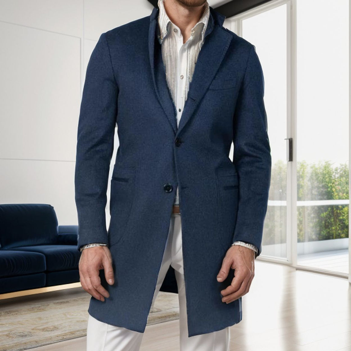 Men's Long Tailored Wool Blend Coat with Subtle One-Button Placket Mune Fashion