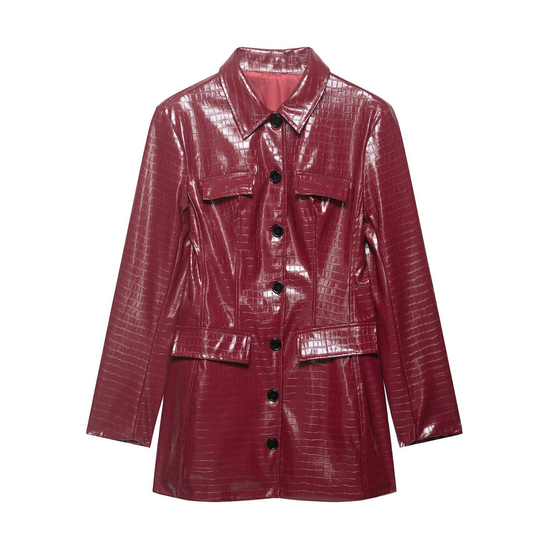 Women’s patent coat with crocodile embossing, fitted cut and button placket Mune Fashion