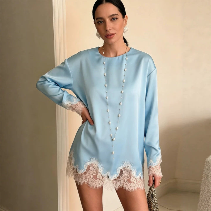 Women Silk Long Sleeve Shirt with Lace Trim at Hem and Cuffs Mune Fashion