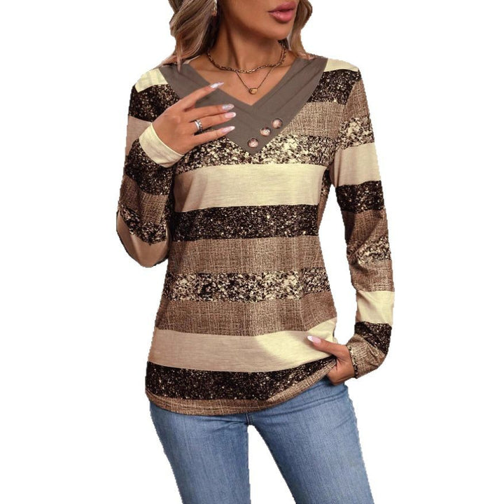 Women's long sleeve shirt with V-neck, structured striped design and decorative button placket Drune