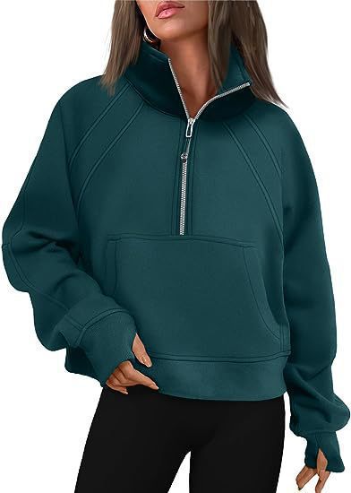 Ladies oversized short pullover with stand-up collar, half zipper and kangaroo pocket Mune Fashion