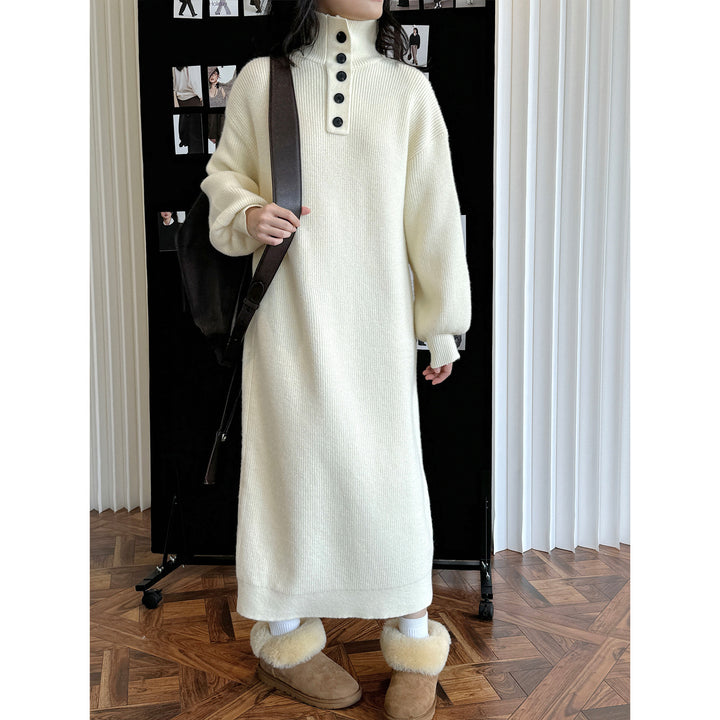 Ladies knit dress with button placket at the stand collar and ribbed texture Mune Fashion