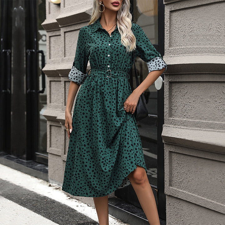 Women's Long-Sleeved Shirt Dress with Belt and Dots Mune Fashion