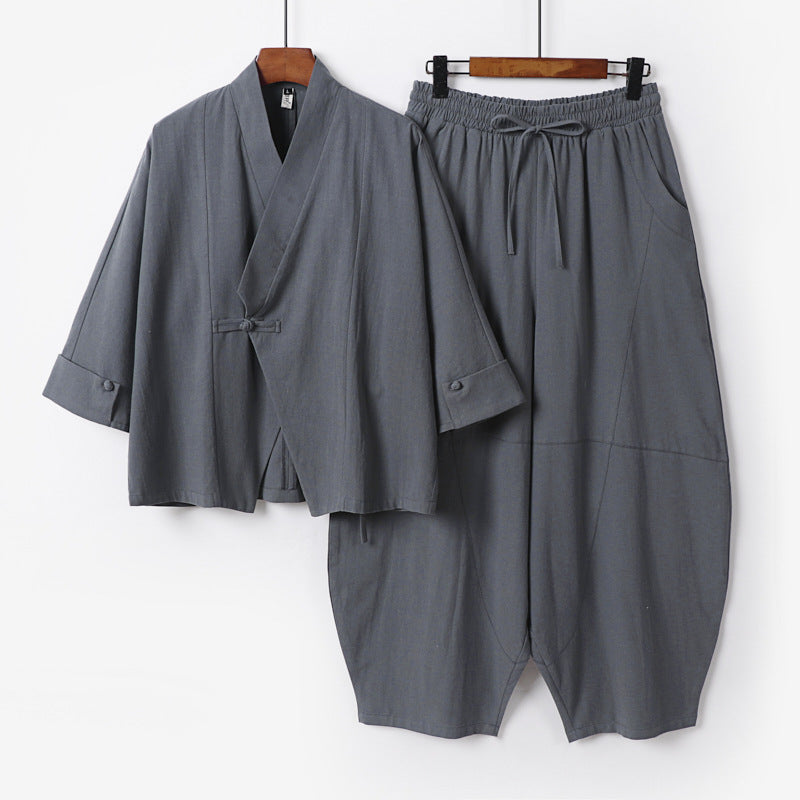 Men's Minimalist Kimono Lounge Set made of breathable cotton blend with balloon-shaped waistband pants Mune Fashion